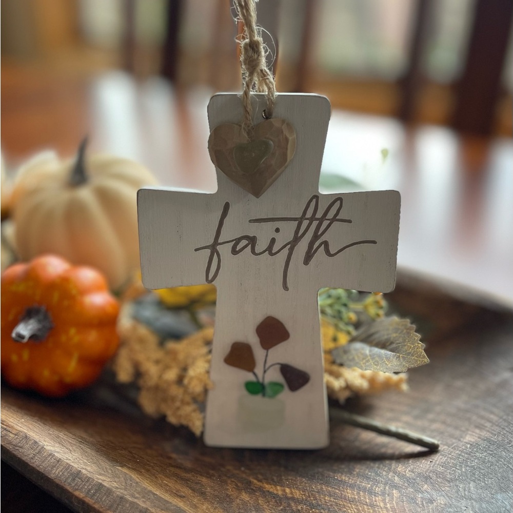 Rustic Sea Glass Faith Cross with Heart Accent